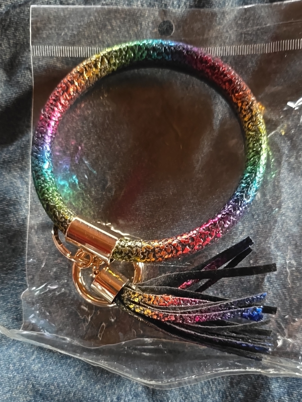 NWT Rainbow Metallic Tassel Bangle Keyring Bracelet